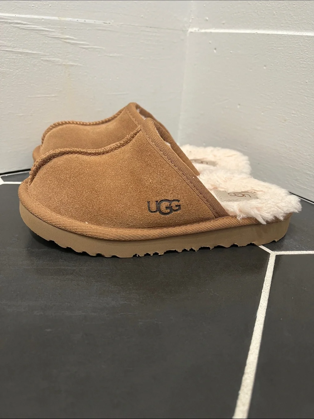 UGG Chestnut Suede Shearling Clog Slippers